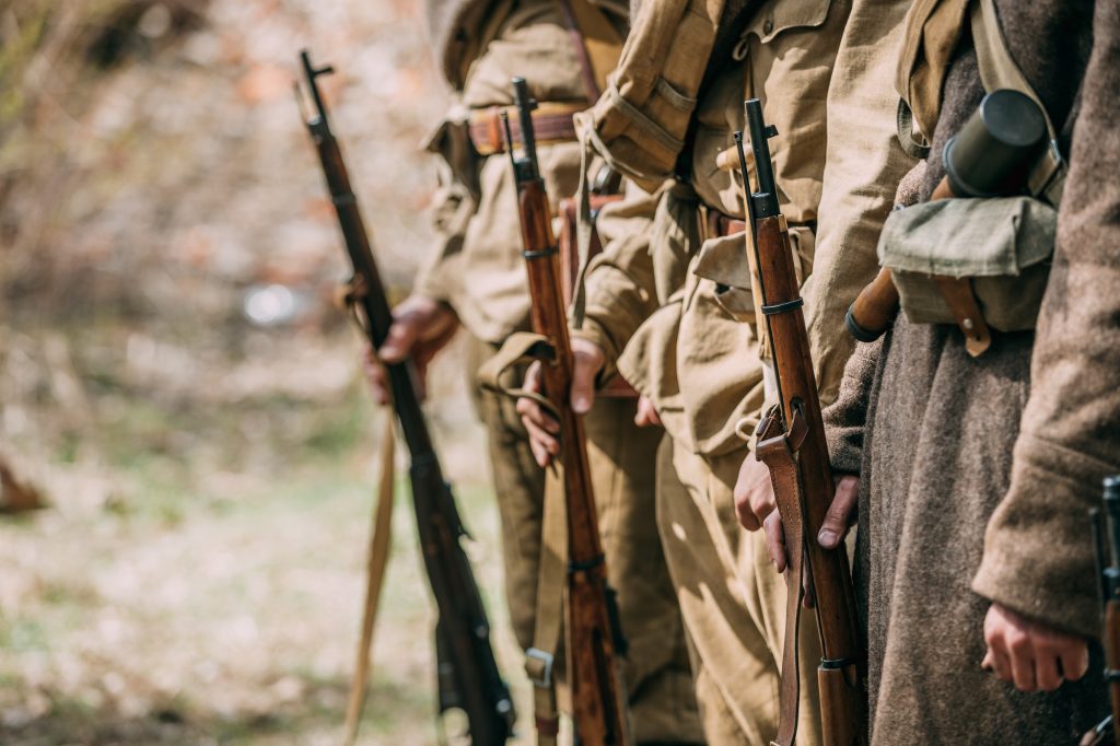 Close Up Of Re-enactors Dressed As Soviet Infantry Soldiers Of W